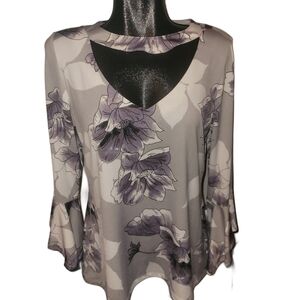 Artex Fashions Grey and White Floral Print Bell Sleeve Top Size L